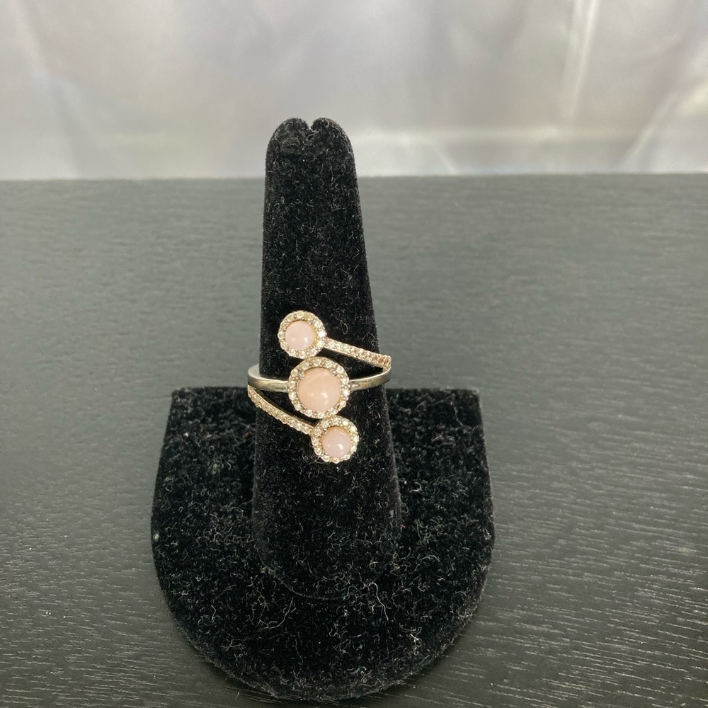 Peruvian pink opal and white zircon silver ring